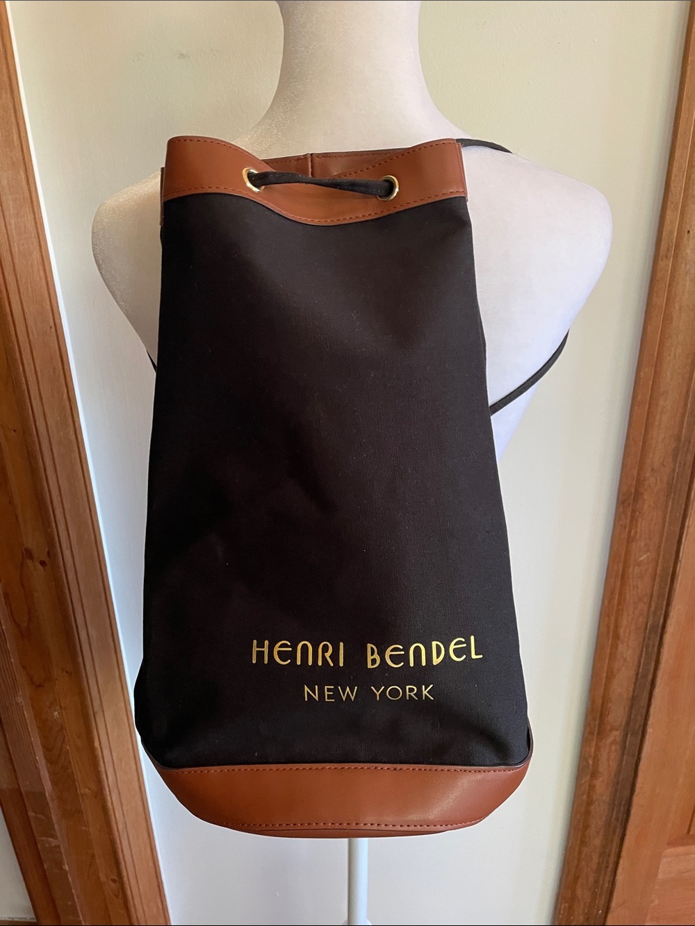 henri bendel Black Cotton Canvas Drawstring Bucket Packable Backpack Retired